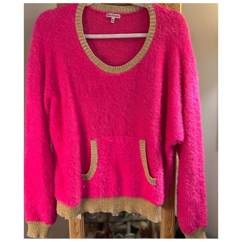 Juicy Couture Pink Sweater with Gold banded waist and cuffs- Size XL. Soft.